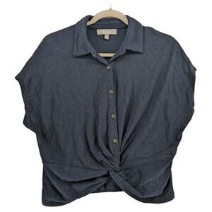 Marled Essentials Sleeveless Blouse S Navy Button Front‎ Twist Hem Preppy Loose